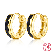 925 Sterling Silver Thick Hoop Earrings, with Enamel, for Women, Real 18K Gold Plated, Black, 12x3mm(TA7225-7)