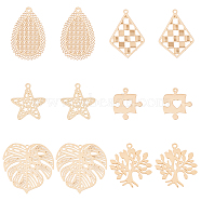 60Pcs 6 Style Brass Pendants, Etched Metal Embellishments, Long-Lasting Plated, Puzzle Piece & Tree & Monstera Leaf & Teardrop, Light Gold, 15~27.5x13~26x0.3mm, Hole: 1~1.2mm, 10pcs/style(FIND-FH0006-24)