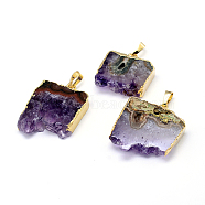 Natural Drusy Amethyst Rectangle Pendants, with Plated Brass Finding, Golden, 24~42x22~35x6~7mm, Hole: 8x5mm(G-P089-32G)