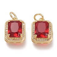 Brass Glass Charms, with Micro Pave Clear Cubic Zirconia and Jump Ring, Rectangle, Real 18K Gold Plated, Red, 14.5x10.5x5mm, Hole: 3.4mm(X-ZIRC-F116-09A-G)