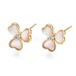 Brass Micro Pave Clear Cubic Zirconia Earring Findings, with Shell, Nickel Free, Flower, Real 18K Gold Plated, 11x11mm, Hole: 1mm, Pin: 0.8mm(KK-S356-361-NF)