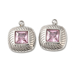304 Stainless Steel Charms, with Pink Glass, Square, Stainless Steel Color, 14.5x12x3mm, Hole: 1.2mm(STAS-L022-061P-02)