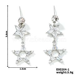 Copper Hollow Zirconia Pentagram Earrings, Elegant and Fashionable Stud Earrings, Platinum, 38x16mm(XV4508-1)