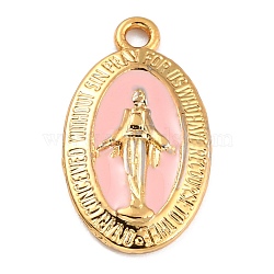 Golden Alloy Enamel Pendants, Long-Lasting Plated, Our Lady of the Miraculous Medal, Oval, Pink, 21x12x1.5mm, Hole: 1.7mm(KK-P197-16G-1)