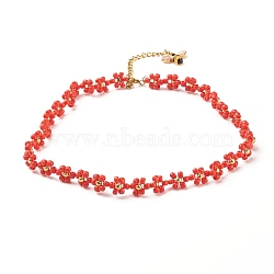 Glass Seed Beaded Flower Necklace with Alloy Enamel Bee Charm, Braided Jewelry for Women, Golden, Red, 12.60 inch(32cm)(NJEW-JN03817-05)