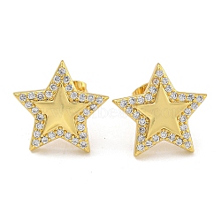 Rack Plating Brass Micro Pave Clear Cubic Zirconia Stud Earrings, Cadmium Free & Lead Free, Star, 16.5x17.5mm(EJEW-I313-14G-02)