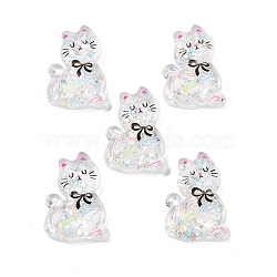 Transparent Resin Bowknot Kitten Decoden Cabochons, Cat Shape with Glitter Powder, Clear, 28x20x7mm(RESI-M045-07D)