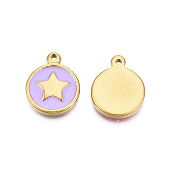 304 Stainless Steel Enamel Pendants, Real 18K Gold Plated, Flat Round with Star, Lilac, 19x15x2.5mm, Hole: 1.6mm