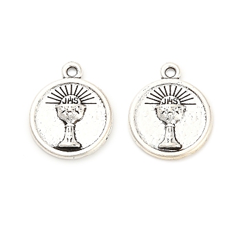 Tibetan Style Alloy Pendants, Flat Round with Holy Communion Chalice, Antique Silver, 17x14x2.5mm, Hole: 1.4mm
