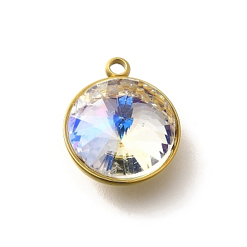 304 Stainless Steel Pendants, with Rhinestone, Real 18K Gold Plated, Ion Plating(IP), Flat Round, Crystal, 16.5x13.5x7.5mm, Hole: 1.6mm