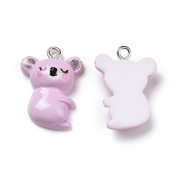Opaque Resin Pendants, with Glitter Powder and Platinum Tone Iron Loops, Animals Charm, Lilac, Koala Pattern, 23x17x6.5mm, Hole: 2mm