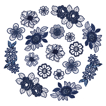 HOBBIESAY 20Pcs 10 Style Lace Polyester Embroidery Organza Ornament Accessories, Sewing Craft Decoration, Flower, Prussian Blue, 30~137x30~92x0.8~2mm, 2pcs/style