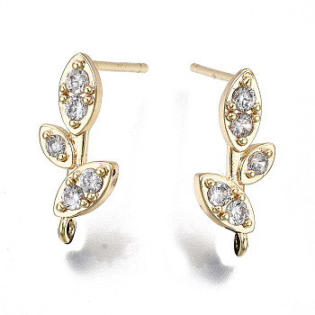 Brass Micro Pave Clear Cubic Zirconia Stud Earring Findings, with Loop, Leaf, Golden, 15x6.5mm, Hole: 1mm, Pin: 0.6mm
