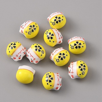 Handmade Porcelain Beads, Famille Rose Porcelain, Lucky Cat, Yellow, 14x12.5x11.5mm, Hole: 2mm