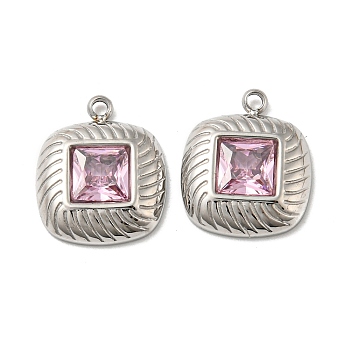 304 Stainless Steel Charms, with Pink Glass, Square, Stainless Steel Color, 14.5x12x3mm, Hole: 1.2mm