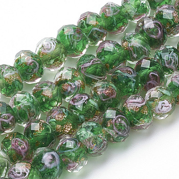 Handmade Gold Sand Lampwork Beads Strands, Inner Flower, Faceted Rondelle, Green, 8x6mm, Hole: 2mm, about 70pcs/strand, 17.3 inch
