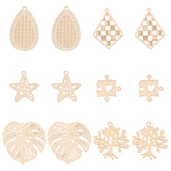 60Pcs 6 Style Brass Pendants, Etched Metal Embellishments, Long-Lasting Plated, Puzzle Piece & Tree & Monstera Leaf & Teardrop, Light Gold, 15~27.5x13~26x0.3mm, Hole: 1~1.2mm, 10pcs/style