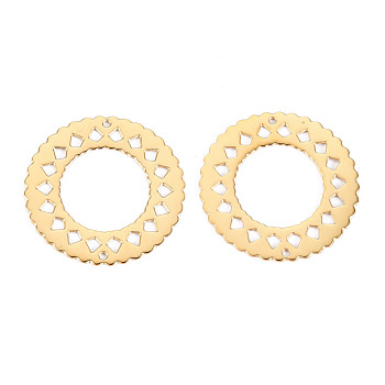 304 Stainless Steel Filigree Joiners Links, Laser Cut, Flat Round, Real 14K Gold Plated, 22x0.5mm, Hole: 0.8mm