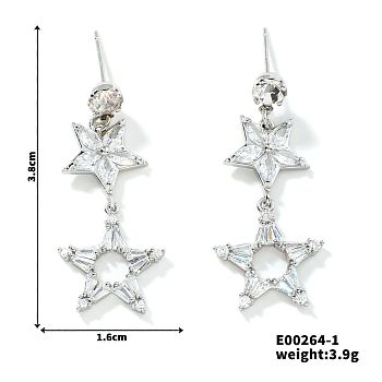 Copper Hollow Zirconia Pentagram Earrings, Elegant and Fashionable Stud Earrings, Platinum, 38x16mm