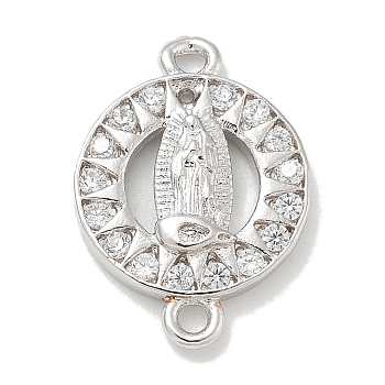 Rack Plating Brass Micro Pave Clear Cubic Zirconia Religion Virgin Mary Connector Charms, Long-Lasting Plated, Lead Free & Cadmium Free, Platinum, 17x12x2.4mm, Hole: 1.6mm