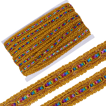 15 Yards Polyester Braided Lace Ribbon, Wave Pattern Ribbon with Colorful Paillette, Clothing Accessories, Gold, 1~1-1/8 inch inch(26~30mm)