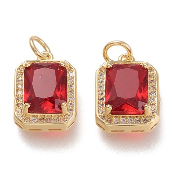 Brass Glass Charms, with Micro Pave Clear Cubic Zirconia and Jump Ring, Rectangle, Real 18K Gold Plated, Red, 14.5x10.5x5mm, Hole: 3.4mm