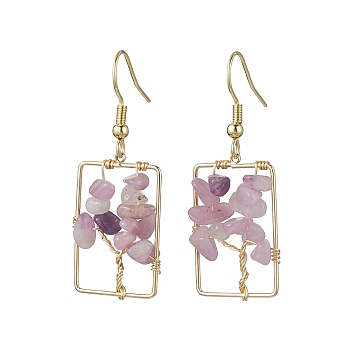 Natural Lilac Jade Chips Tree Dangle Earrings, Rectangle Real 18K Gold Plated Brass Drop Earrings with 304 Stainless Steel Earring Pins, 44x16.5~17mm