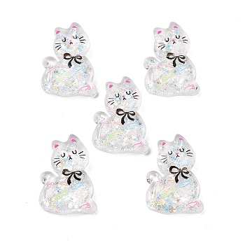 Transparent Resin Bowknot Kitten Decoden Cabochons, Cat Shape with Glitter Powder, Clear, 28x20x7mm