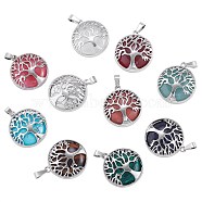 10Pcs 10 Style Natural & Synthetic Gemstone Pendants, with Brass Findings, Flat Round with Tree of Life Charm, Mixed Dyed and Undyed, Platinum, 30.5x27x8mm, Hole: 7x3mm, 1pc/style(G-SZ0002-16P)