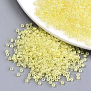 12/0 Glass Seed Beads, Transparent Inside Colours Luster, Round Hole, Round, Champagne Yellow, 12/0, 2~2.5x1.5~2mm, Hole: 0.8mm, about 6666pcs/100g(X1-SEED-A015-2mm-2206)