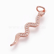 Brass Micro Pave Cubic Zirconia Pendants, Long-Lasting Plated, Snake, Lead Free & Nickel Free & Cadmium Free, Clear, Real Rose Gold Plated, 29x6x2mm, Hole: 3mm(ZIRC-O026-22RG-NR)