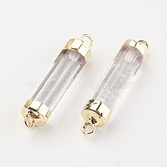 Natural Quartz Crystal Links Connectors, Rock Crystal, with Brass Findings, Column, 25~27x5~6mm, Hole: 2mm(X-G-F527-11F)