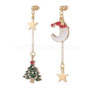 Christmas Tree & Moon Alloy Enamel Dangle Stud Earrings, 304 Stainless Steel Long Tassel Asymmetrical Earrings for Women, Colorful, 55~63mm, Pin: 0.7mm(EJEW-TA00096)