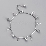 Brass Heart Key Charm Anklets, with Bar Link Chains and Bell Charms, Platinum, 8-3/4 inch(22.3cm)(AJEW-B005-14P)