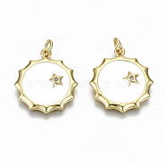Real 16K Gold Plated Brass Micro Pave Clear Cubic Zirconia Pendants, with Jump Rings and Enamel, Nickel Free, Sun, White, 20.5x18x2.5mm, Jump Ring: 5x1mm, 3mm inner diameter(ZIRC-S067-195-NF)