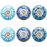 AHANDMAKER 6Pcs 3 Styles Printing Porcelain Drawer Knobs, with Iron Finding and Screw, for Home, Cabinet, Cupboard and Dresser, Rondelle with Flower Pattern, Marine Blue, 2-1/2 inch(65mm), Ceramic: 40x28mm, 2pcs/style(FIND-GA0001-29D)