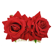Iron Hair Combs, with Velvet Flower, Red, 90x60mm(OHAR-Q280-01B)