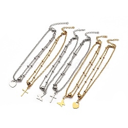 304 Stainless Steel Charm Anklet with Satellite Chains for Women, Mixed Patterns, Pendant: 9.5~16x9.5~12.5x0.5mm, 8-7/8 inch(22.5cm)(AJEW-C021-06)