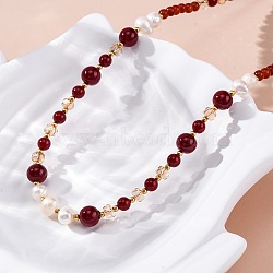 Natural Carnelian(Dyed & Heated) & Rhodochrosite & Freshwater Pearl & Glass Beaded Necklaces, with 304 Stainless Steel  End Chains, Ion Plating(IP), Real 14K Gold Plated, 16.57 inch(42.1cm)(NJEW-U026-24G)