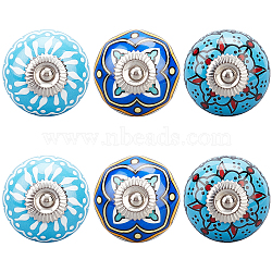 AHANDMAKER 6Pcs 3 Styles Printing Porcelain Drawer Knobs, with Iron Finding and Screw, for Home, Cabinet, Cupboard and Dresser, Rondelle with Flower Pattern, Marine Blue, 2-1/2 inch(65mm), Ceramic: 40x28mm, 2pcs/style(FIND-GA0001-29D)