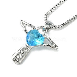 Cubic Zirconia Fairy with Heart Pendant Necklace with Box Chains, Platinum Zinc Alloy Jewelry for Women, Deep Sky Blue, 18.98 inch(48.2cm)(NJEW-C004-01A)