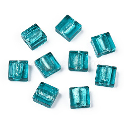 Handmade Silver Foil Lampwork Beads, Square, Teal, 12x12x6mm(X-FOIL-S006-12x12mm-04)