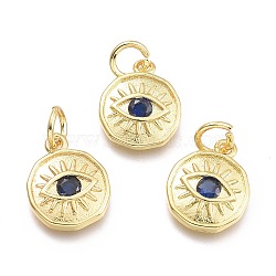 Brass Micro Pave Cubic Zirconia Pendants, with Jump Ring, Flat Round with Eye, Real 18K Gold Plated, Dark Blue, 12x10x2mm, Jump Rings: 5x0.8mm, Inner Diameter: 3mm(KK-P187-17B-G)