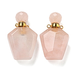 Faceted Natural Rose Quartz Pendants, Openable Perfume Bottle, with Golden Tone 304 Stainless Steel Findings, 1.1~1.2x2.3x3.7~3.8cm, Hole: 2mm(G-A225-01A-G)