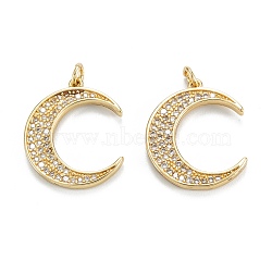 Brass Micro Pave Clear Cubic Zirconia Pendants, Long-Lasting Plated, Moon, Real 18K Gold Plated, 20x16x2mm, Hole: 2mm(ZIRC-M115-31G)
