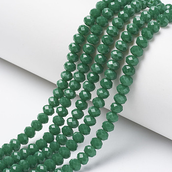 Opaque Solid Color Glass Beads Strands, Faceted, Rondelle, Green, 6x5mm, Hole: 1mm, about 92~94pcs/strand, 17~17.5 inch(42.5~43.75cm)