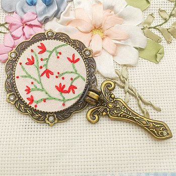DIY Foldable Handheld Mirror Embroidery Starter Kit, including Plastic Embroidery Frame, Cloth, Iron Needle, Cotton Threads, Brass Mirror, Aluminum Findings, Glue, Flower Pattern, 7pcs/set