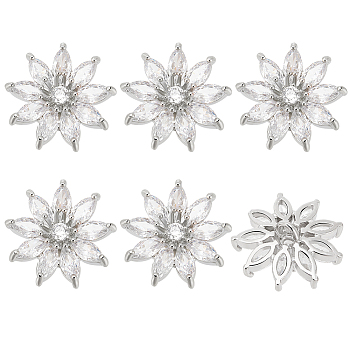 6Pcs 1-Hole Alloy Micro Pave Clear Cubic Zirconia Shank Buttons, Flower, Platinum, 16~17.5x8.5mm, Hole: 1.8mm