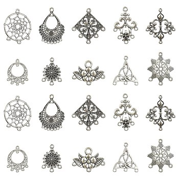 24Pcs 12 Style Tibetan Style Chandelier Component Links, Teardrop/Flower/Rhombus, Antique Silver, 24~36x15.5~33.5x1~3.5mm, Hole: 1~2mm, 2pcs/style