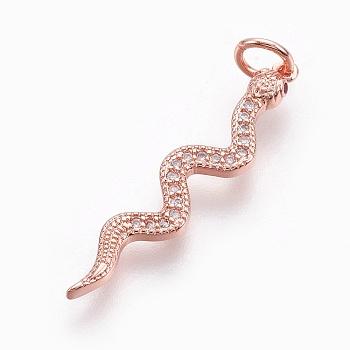 Brass Micro Pave Cubic Zirconia Pendants, Long-Lasting Plated, Snake, Lead Free & Nickel Free & Cadmium Free, Clear, Real Rose Gold Plated, 29x6x2mm, Hole: 3mm
